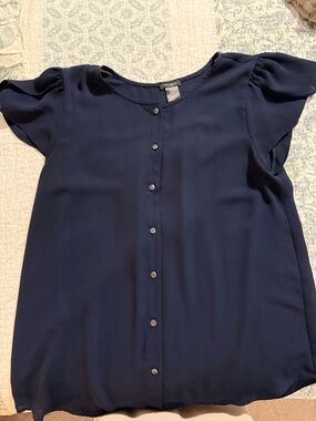 Ann Taylor Navy Round-Neck Button Blouse